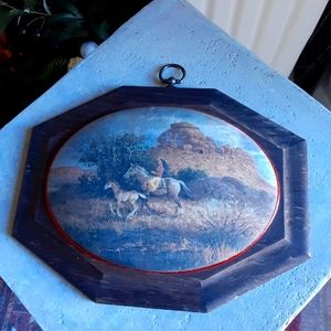 Vintage Convex Beaded Glass, Indigenous American Woman on Horse w Pony